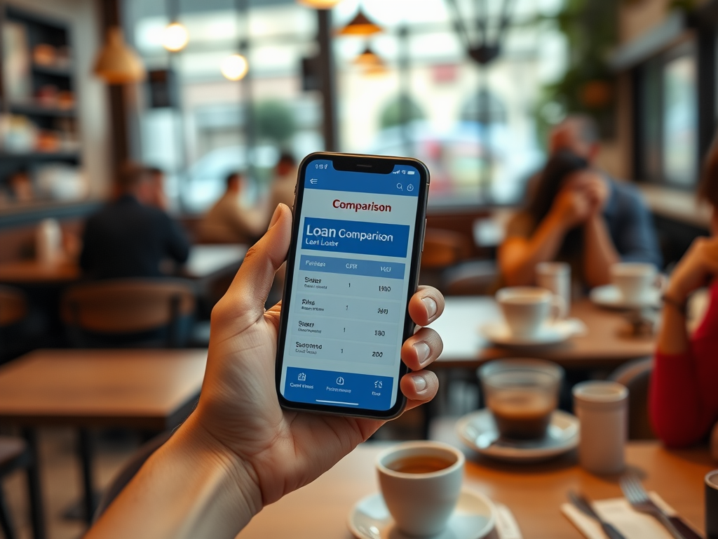 На изображении видно, как человек держит телефон с приложением для сравнения кредитов в кафе.